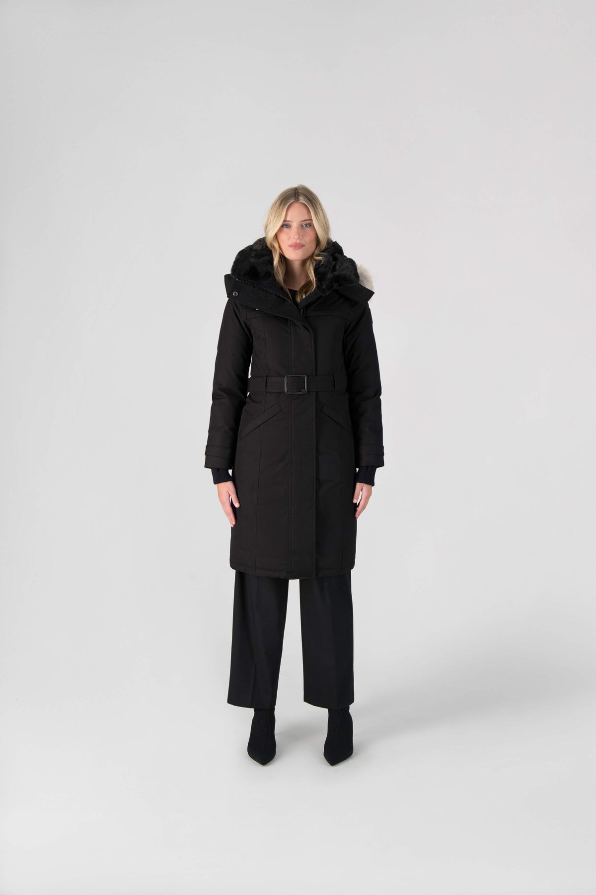 She-Ra women's parka featuring a seam-sealed, waterproof, breathable shell, removable fur trim, magnetic closures, and an adjustable belted waist in Black
