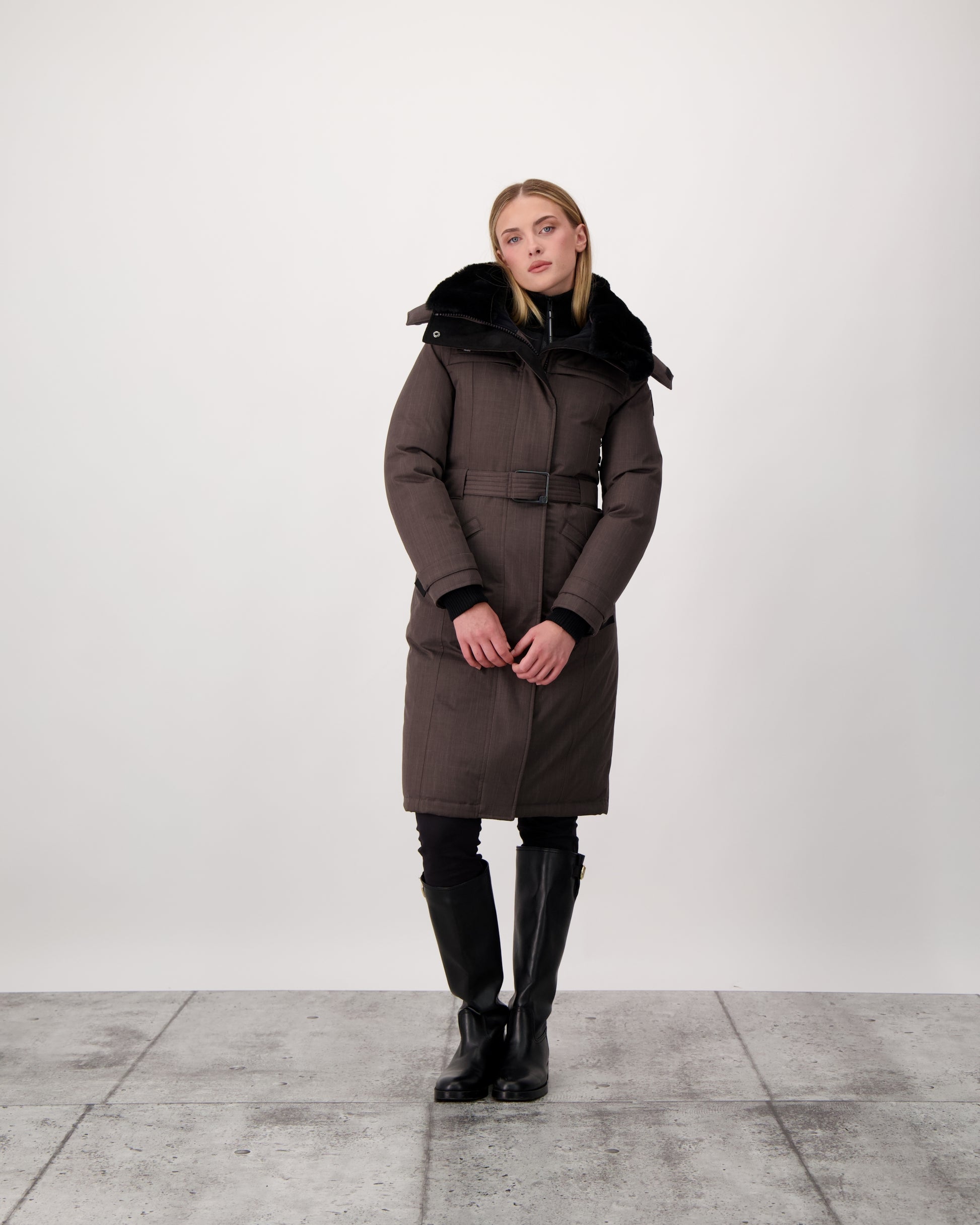 She-Ra women's parka featuring a seam-sealed, waterproof, breathable shell, removable fur trim, magnetic closures, and an adjustable belted waist in Steel Grey