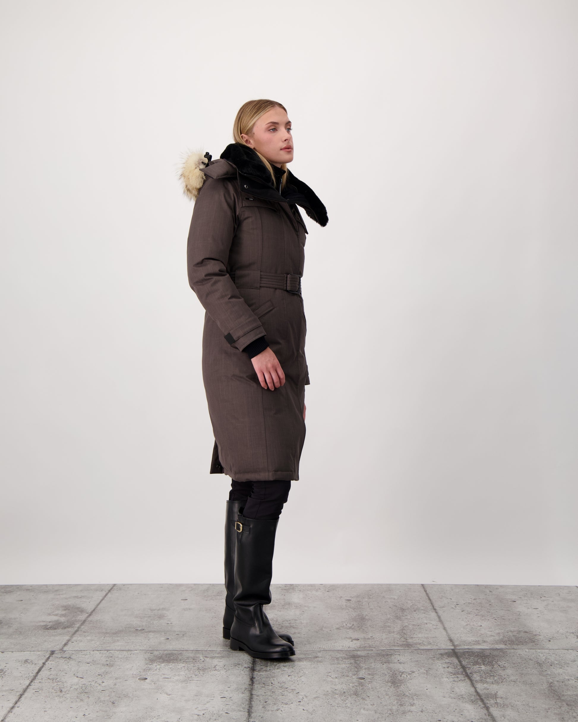 She-Ra women's parka featuring a seam-sealed, waterproof, breathable shell, removable fur trim, magnetic closures, and an adjustable belted waist in Steel Grey
