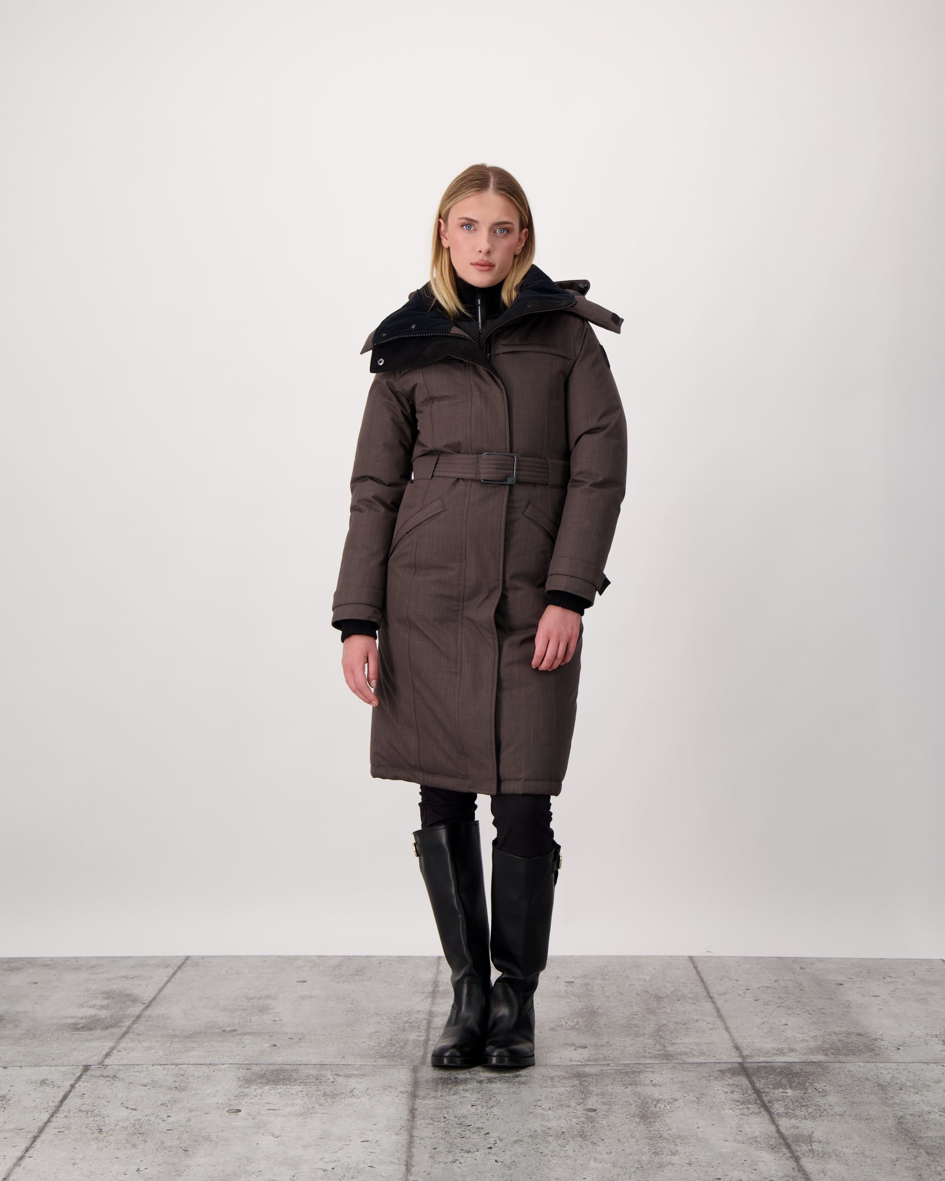 She-Ra women's parka featuring a seam-sealed, waterproof, breathable shell, removable fur trim, magnetic closures, and an adjustable belted waist in Steel Grey