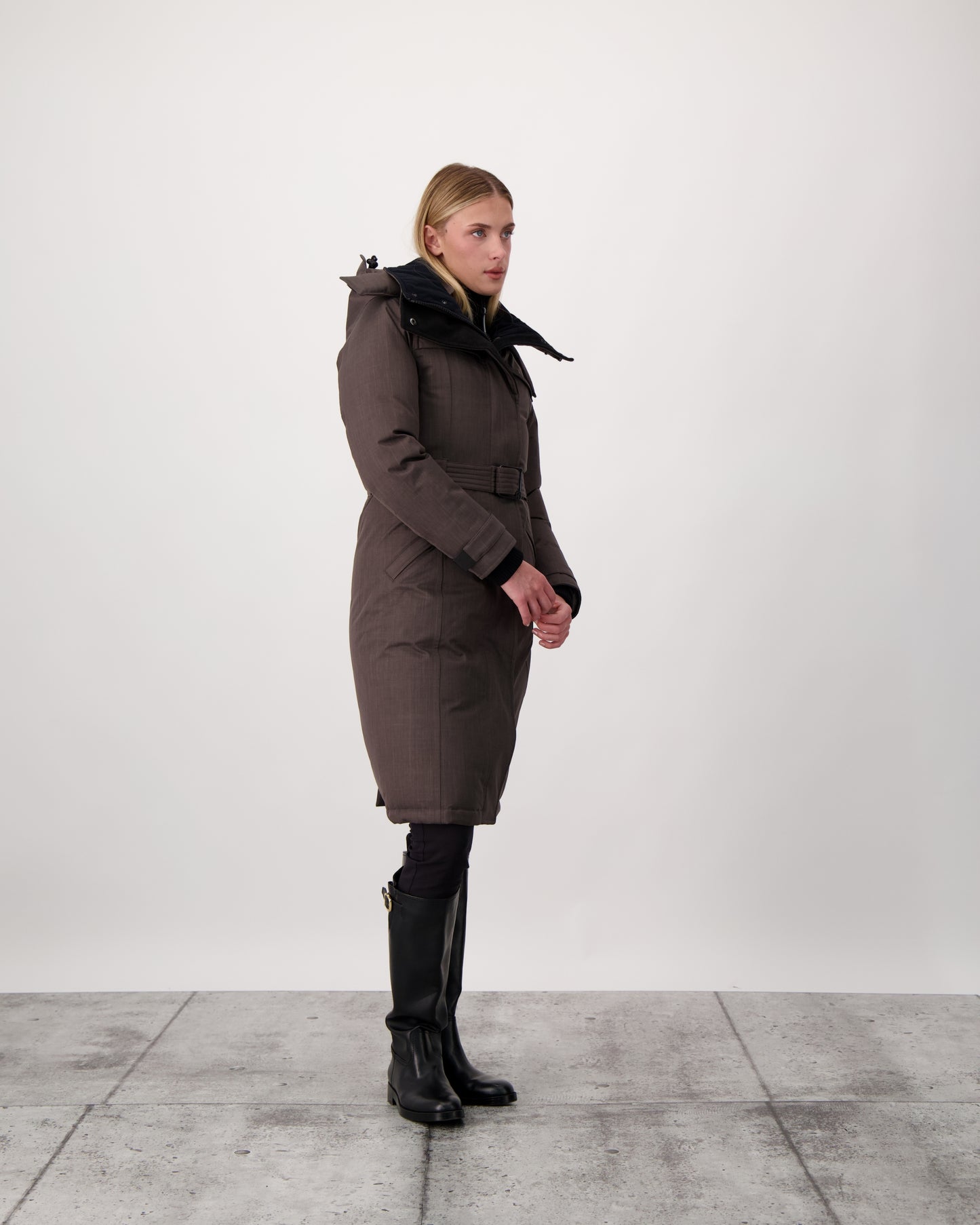 She-Ra women's parka featuring a seam-sealed, waterproof, breathable shell, removable fur trim, magnetic closures, and an adjustable belted waist in Steel Grey