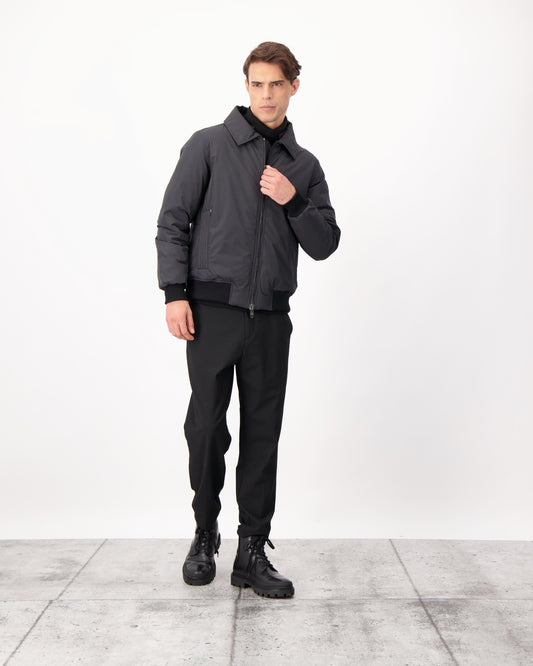 Sonar Men's Aviator Jacket in hip length, Canadian duck down insulation, removable shearling collar with hidden tuckable hood, and two-way front zipper, in Black