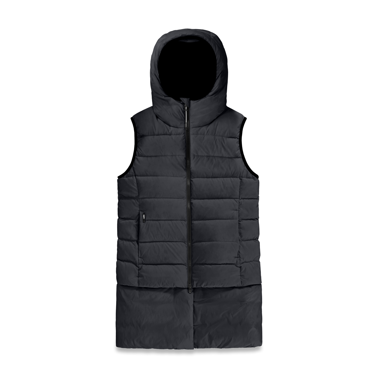 Saratoga puffer vest in Black insulated with Canadian white duck down, featuring stretch nylon ribbing for mobility, hidden waist drawcord, and a tailored fit for warmth and style. Lightweight and ideal for layering.