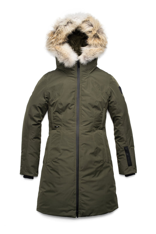 Ladies thigh length down-filled parka with non-removable hood and removable coyote fur trim in Fatigue + Fatigue