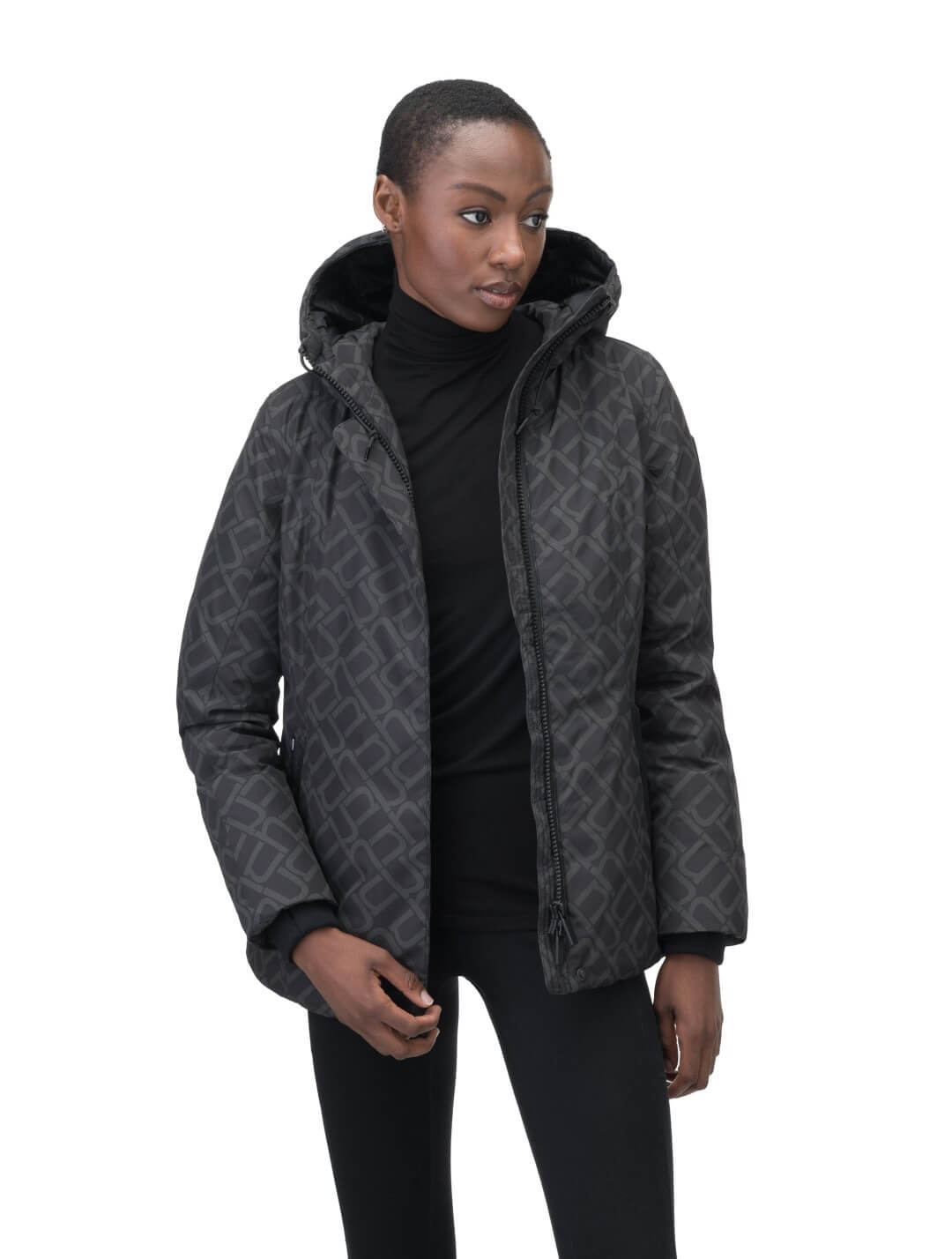 Ladies hip length down-filled parka with non-removable hood and adjustable belt in Dark Monogram