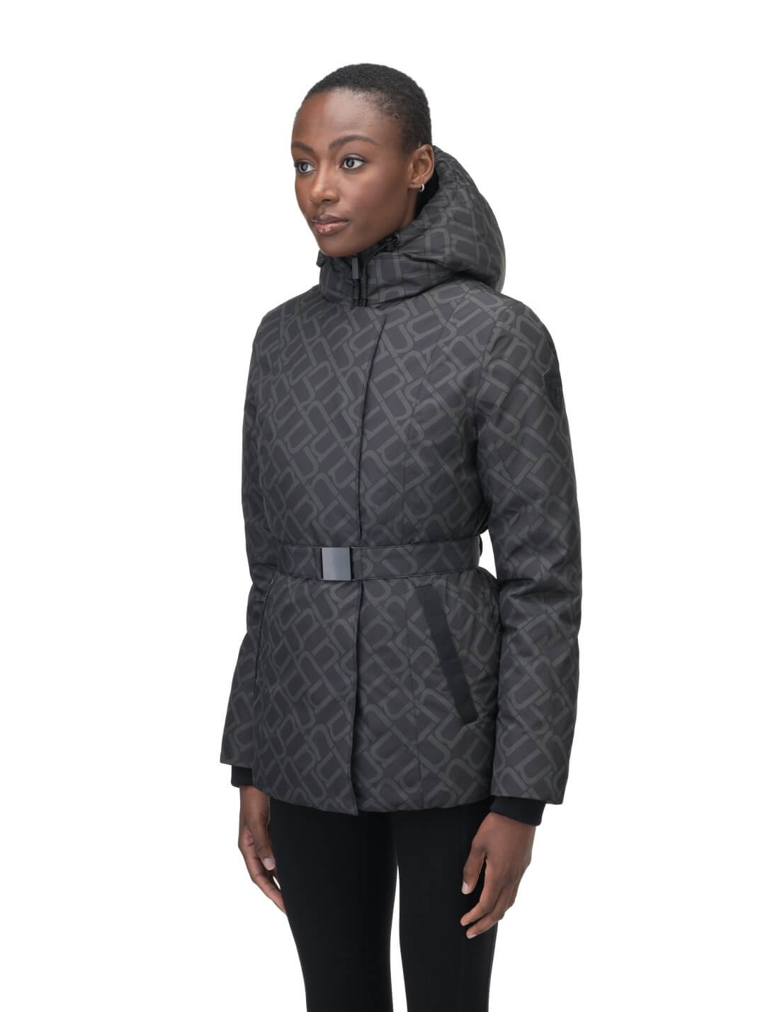 Ladies hip length down-filled parka with non-removable hood and adjustable belt in Dark Monogram