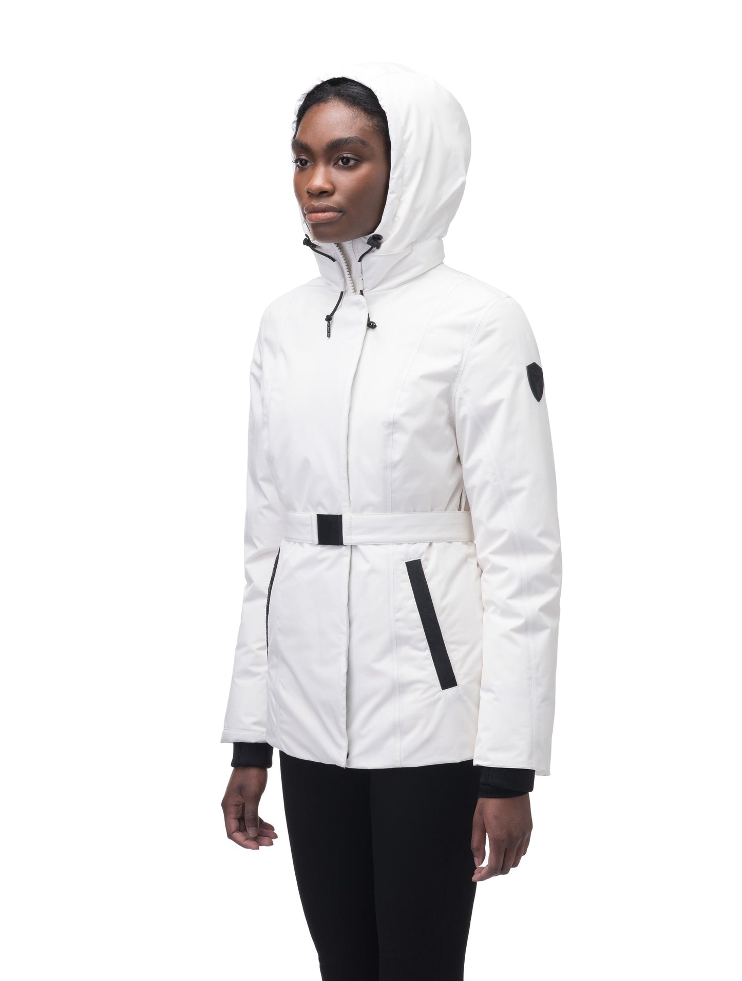 Ladies hip length down-filled parka with non-removable hood and adjustable belt in Chalk