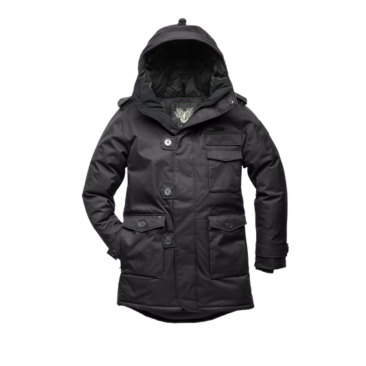Men's down filled parka with faux button magnet closures and fur free hood with a fishtail hemline in Black + Black