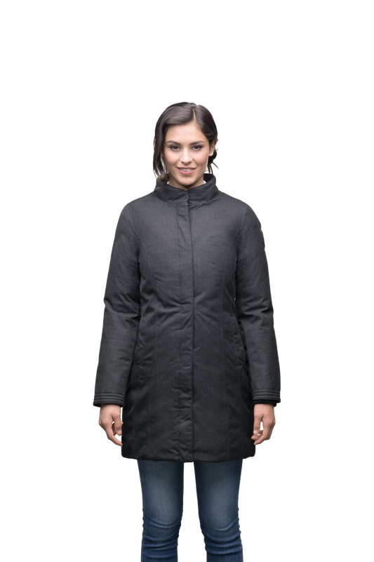 Ladies thigh length down-filled coat with removable fur collar in Black + Black