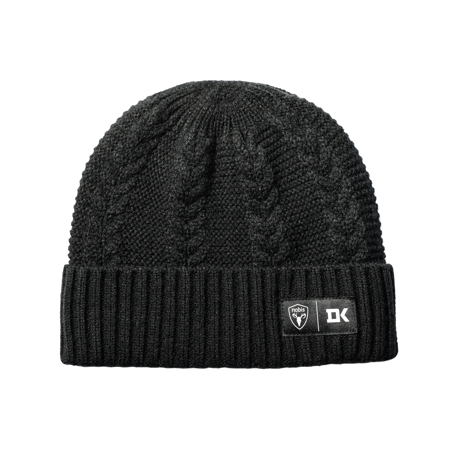 Duncan Keith x Nobis Unisex Cable Knit Beanie with cable stitched crown, two by two rib knit cuff, with co-branding label that features Keith's initials on cuff, in Black