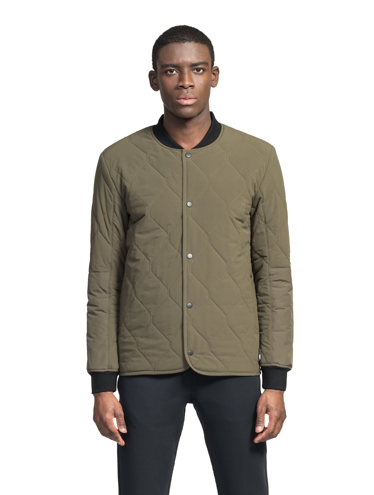 Speck Men's Tailored Mid Layer Jacket in hip length, Primaloft Gold Insulation Active+, diamond quilted body, rib knit collar and cuffs, snap buton front closure, and hidden side-entry zipper pockets at waist, in Fatigue