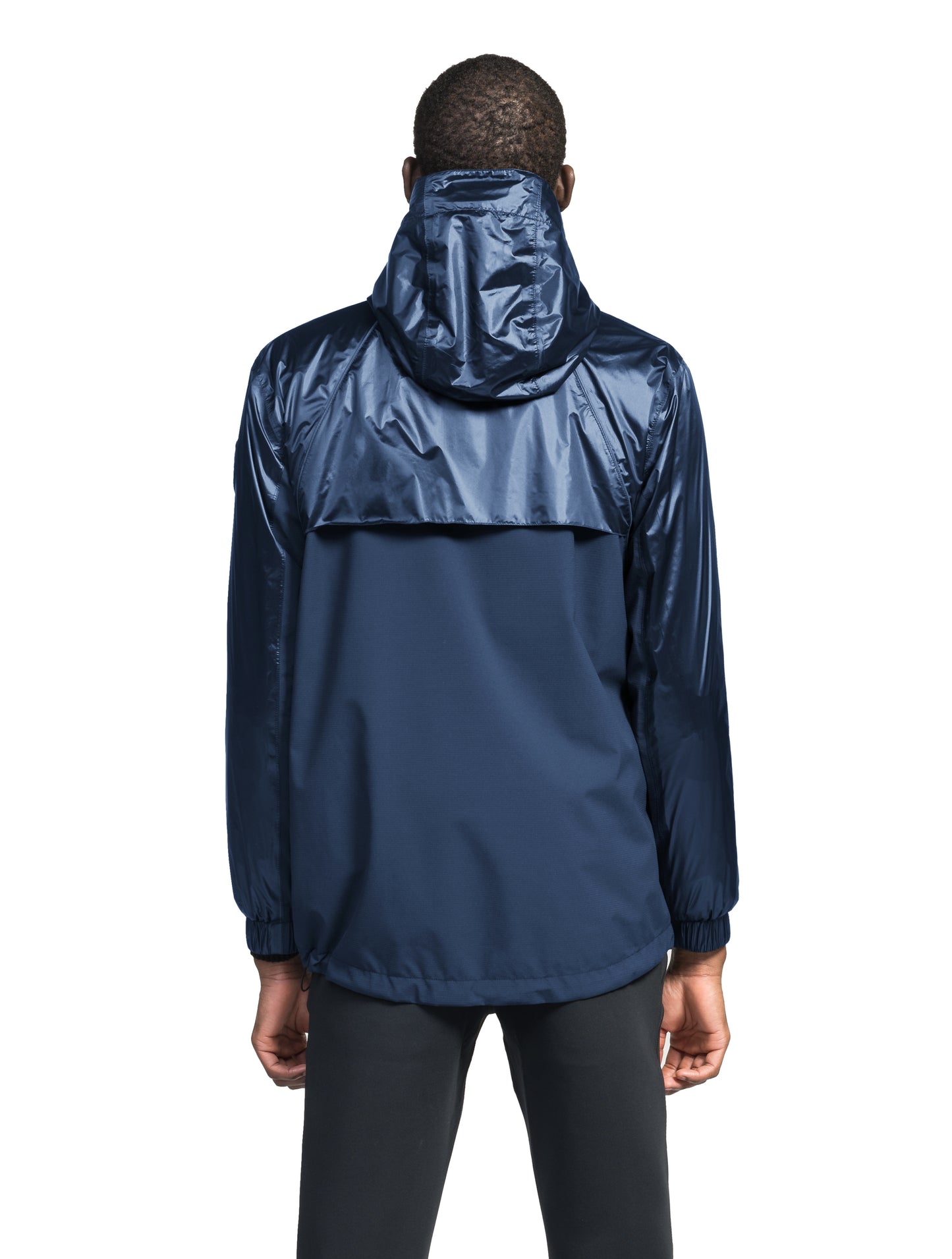 Stratus Men's Tailored Packable Rain Jacket in hip length, premium cire technical nylon taffeta and stretch ripstop fabrication, highly breathable mesh lining, hidden packable pocket, non-removable hood with adjustable draw cord, reflective piping along front and back, underarm grommets for extra breathability, back yoke with mesh ventilation, two waist zipper pockets, two interior zipper pockets, elastic cuffs with adjustable snap button, and adjustable interior draw cord at waist hem, in Marine
