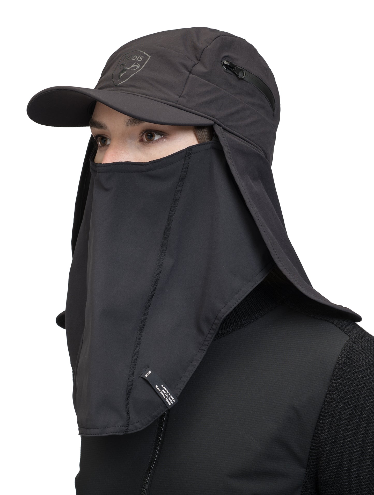 Tal Unisex 3-in-1 cap in 5-panel construction, curved peak brim, back flap, adjustable cobra buckle at back, zipper pocket on left side crown, and detachable face covering, in Black