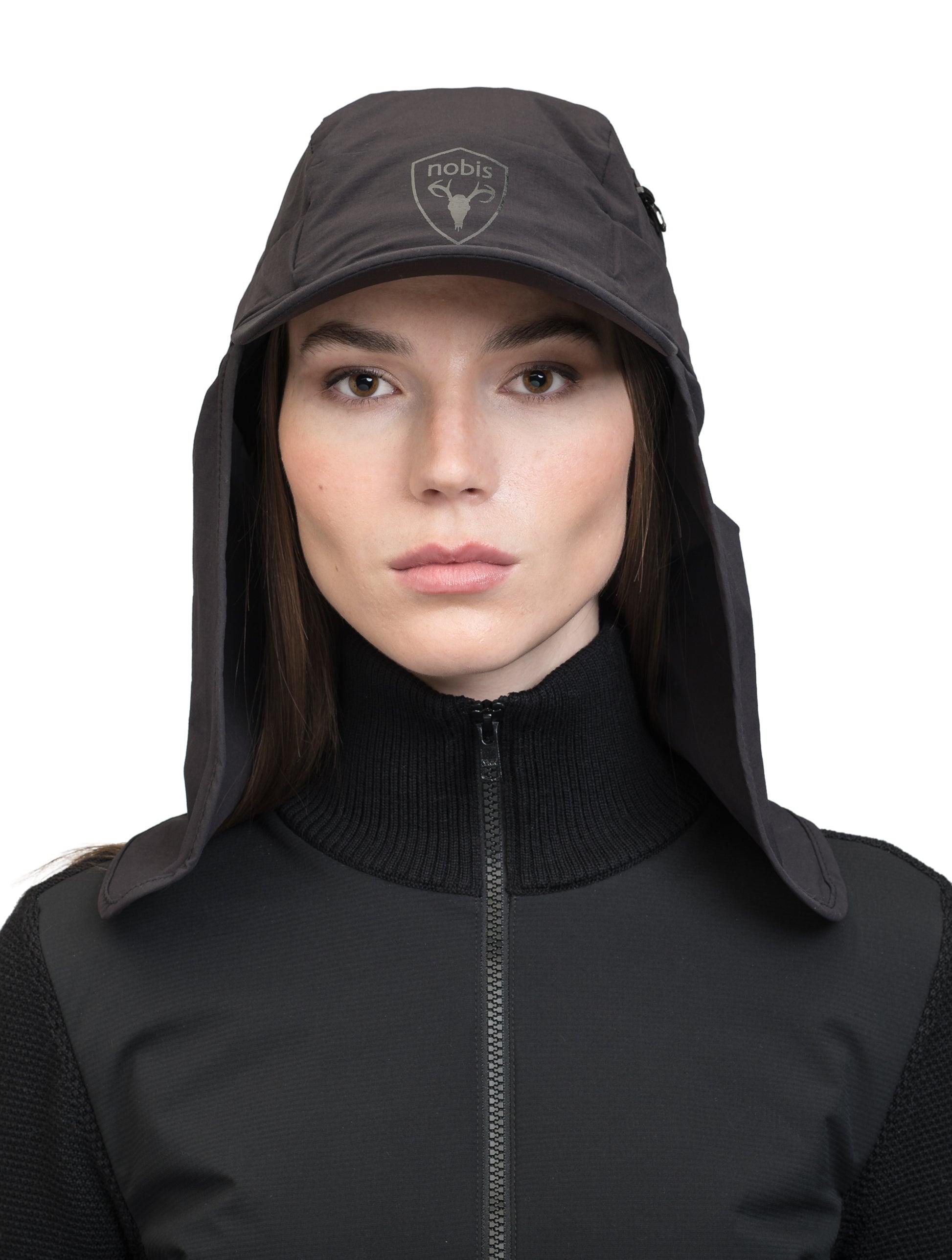 Tal Unisex 3-in-1 cap in 5-panel construction, curved peak brim, back flap, adjustable cobra buckle at back, zipper pocket on left side crown, and detachable face covering, in Black