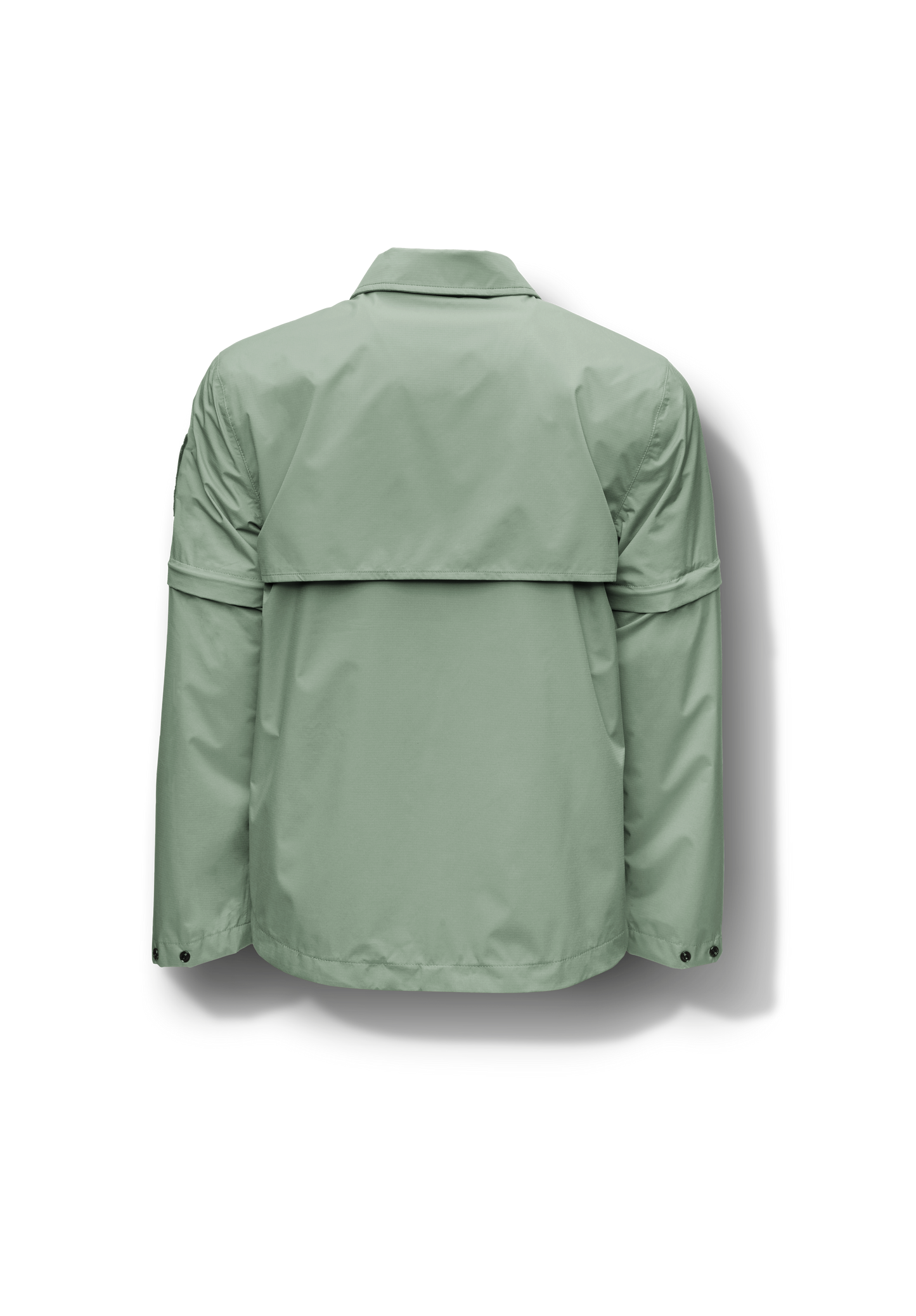 Thurlow Men's Performance Zip Off Sleeve Rain Shirt in hip length, convertible collar, patch chest zipper pockets, hidden in-seam pockets, zip off sleeves, centre front two-way zipper closure, in Duck Green