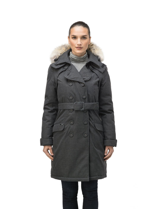 Women's down filled double breasted peacoat with a belted waist in H. Charcoal + H. Charcoal