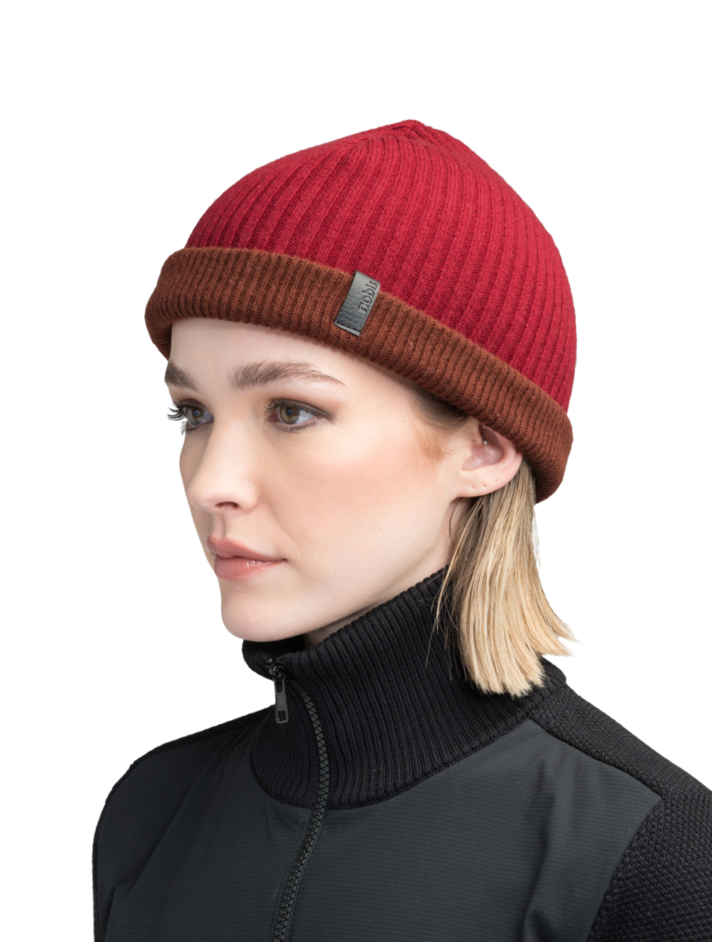 Ardn Unisex Tailored Reversible Knit Beanie in an extra fine merino wool blend, fitted rib knit, and reversible design, in Potent Purple/Rio Red