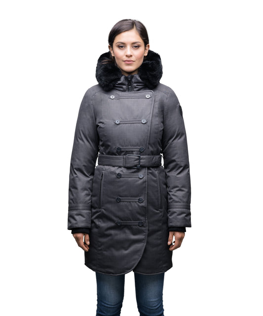 Women's down filled calf length parka with belted waist, and removable Rex Rabbit fur collar in CH Steel Grey + CH Steel Grey