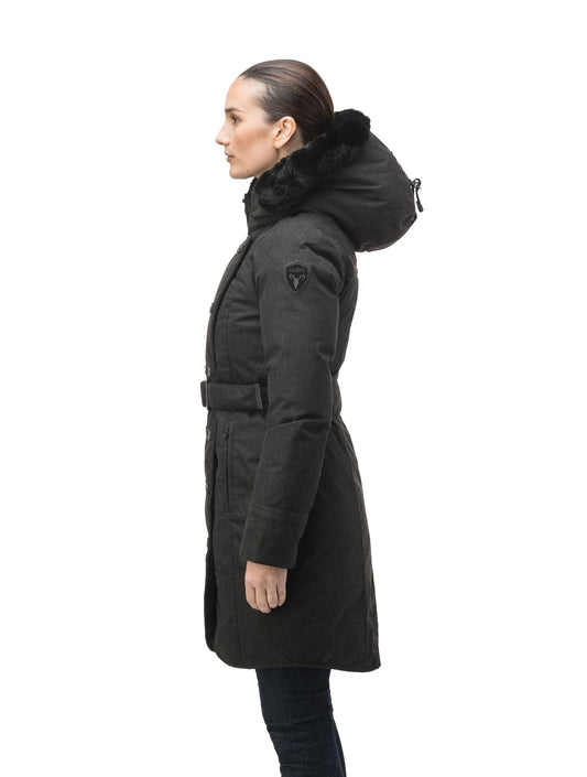 Women's down filled calf length parka with belted waist, and removable Rex Rabbit fur collar in H. Black + H. Black
