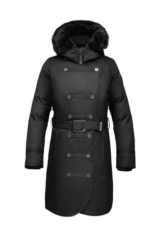 Women's down filled calf length parka with belted waist, and removable Rex Rabbit fur collar in CH Black + CH Black