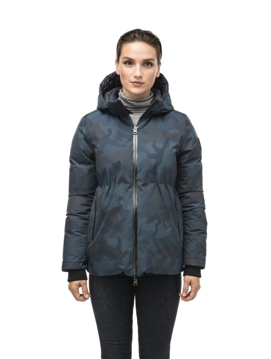 Hip length, reversible women's down filled jacket with waterproof exposed zipper in Navy Camo + Navy Camo
