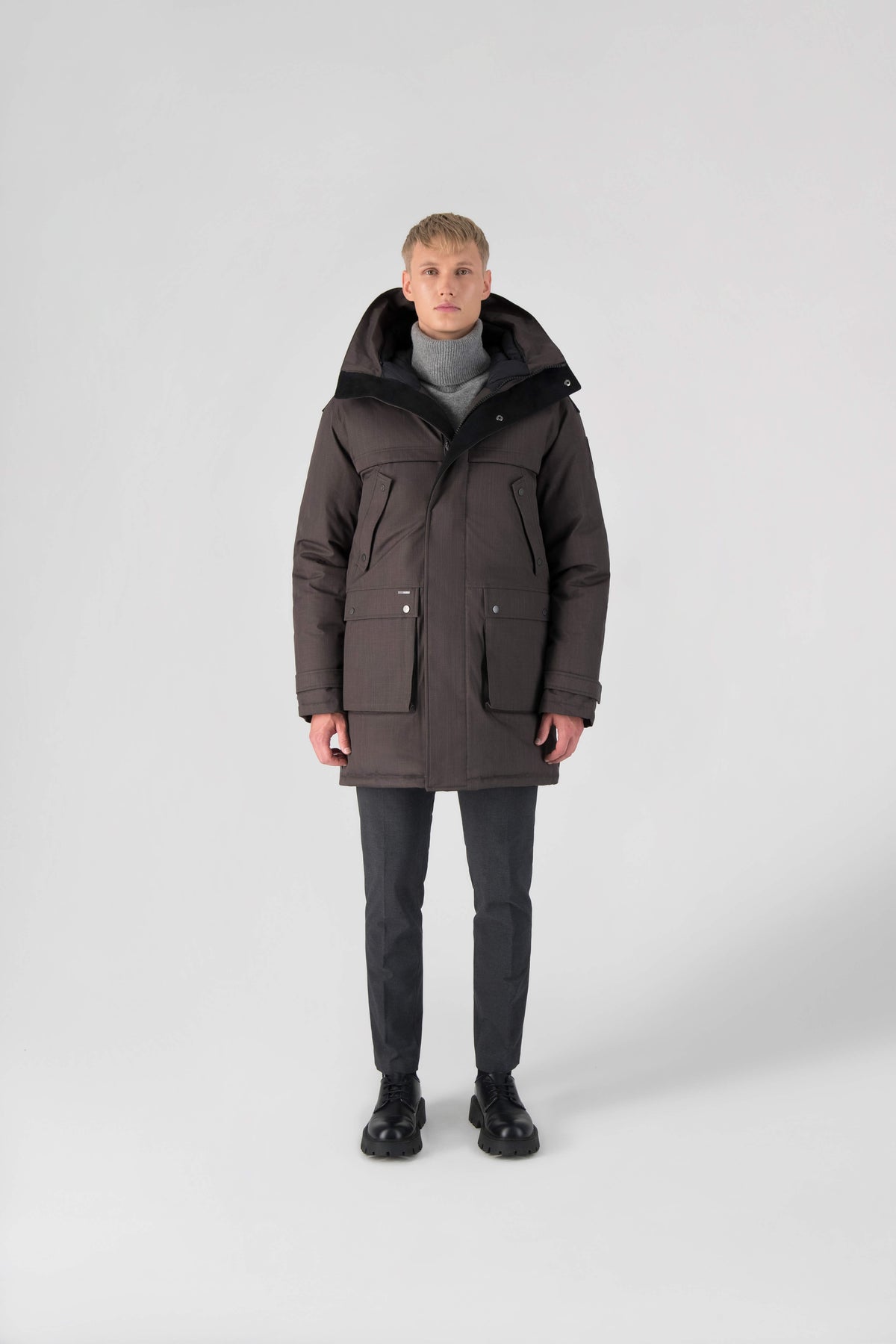 Men's Best Selling Parka the Yatesy is a down filled jacket with a zipper closure and magnetic placket in Steel Grey