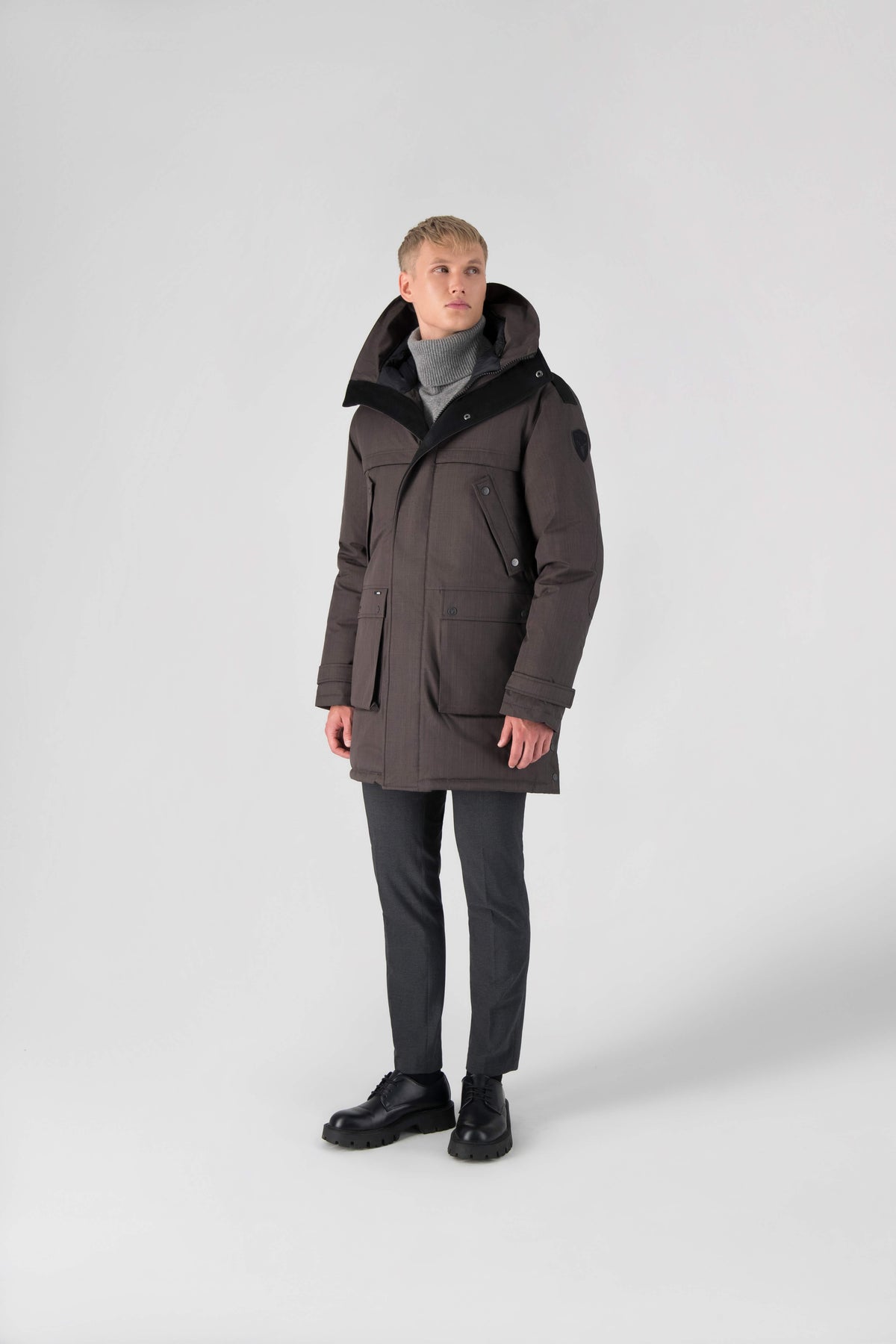 Men's Best Selling Parka the Yatesy is a down filled jacket with a zipper closure and magnetic placket in Steel Grey