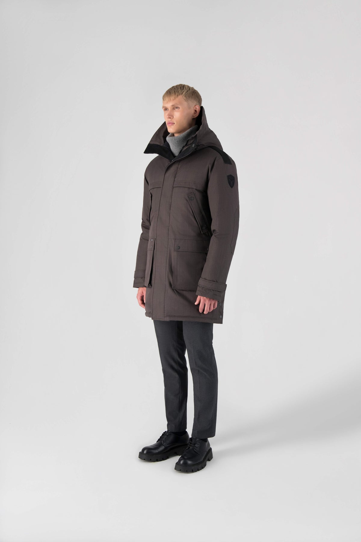 Men's Best Selling Parka the Yatesy is a down filled jacket with a zipper closure and magnetic placket in Steel Grey