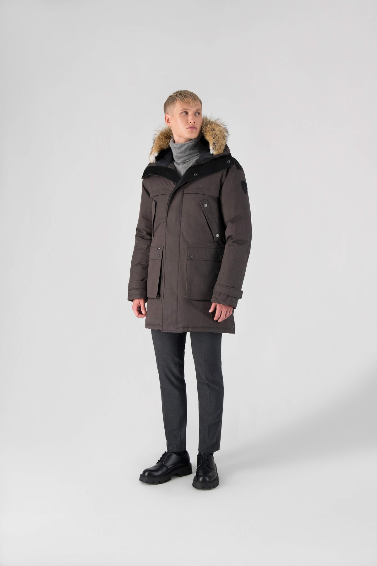 Men's Best Selling Parka the Yatesy is a down filled jacket with a zipper closure and magnetic placket in Steel Grey