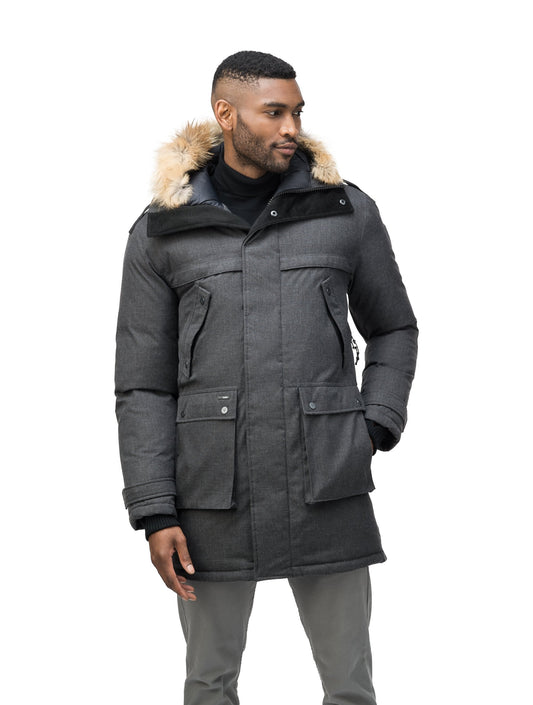 Men's Best Selling Parka the Yatesy is a down filled jacket with a zipper closure and magnetic placket in H. Charcoal + H. Charcoal