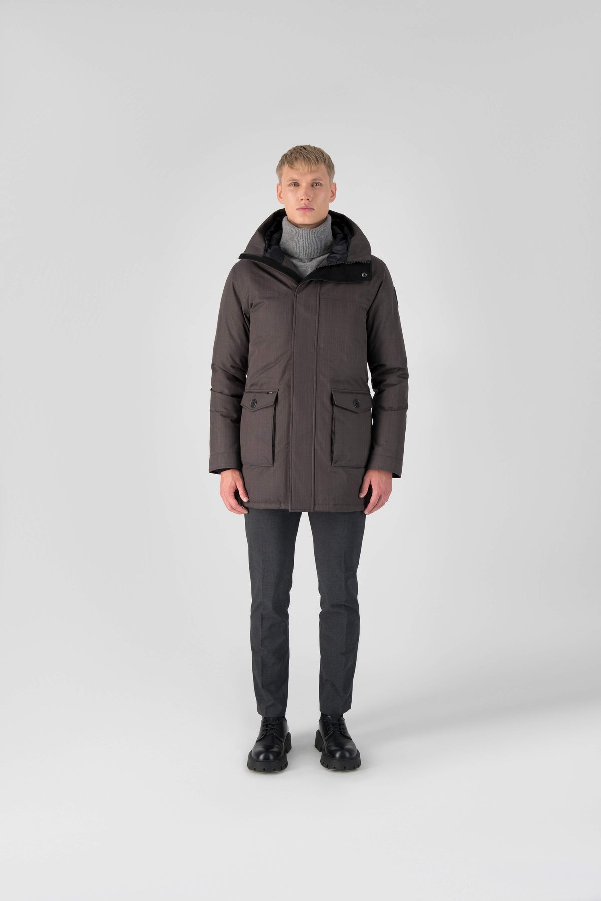 Men's slim fitting waist length parka with removable fur trim on the hood and two waist patch pockets in Steel Grey
