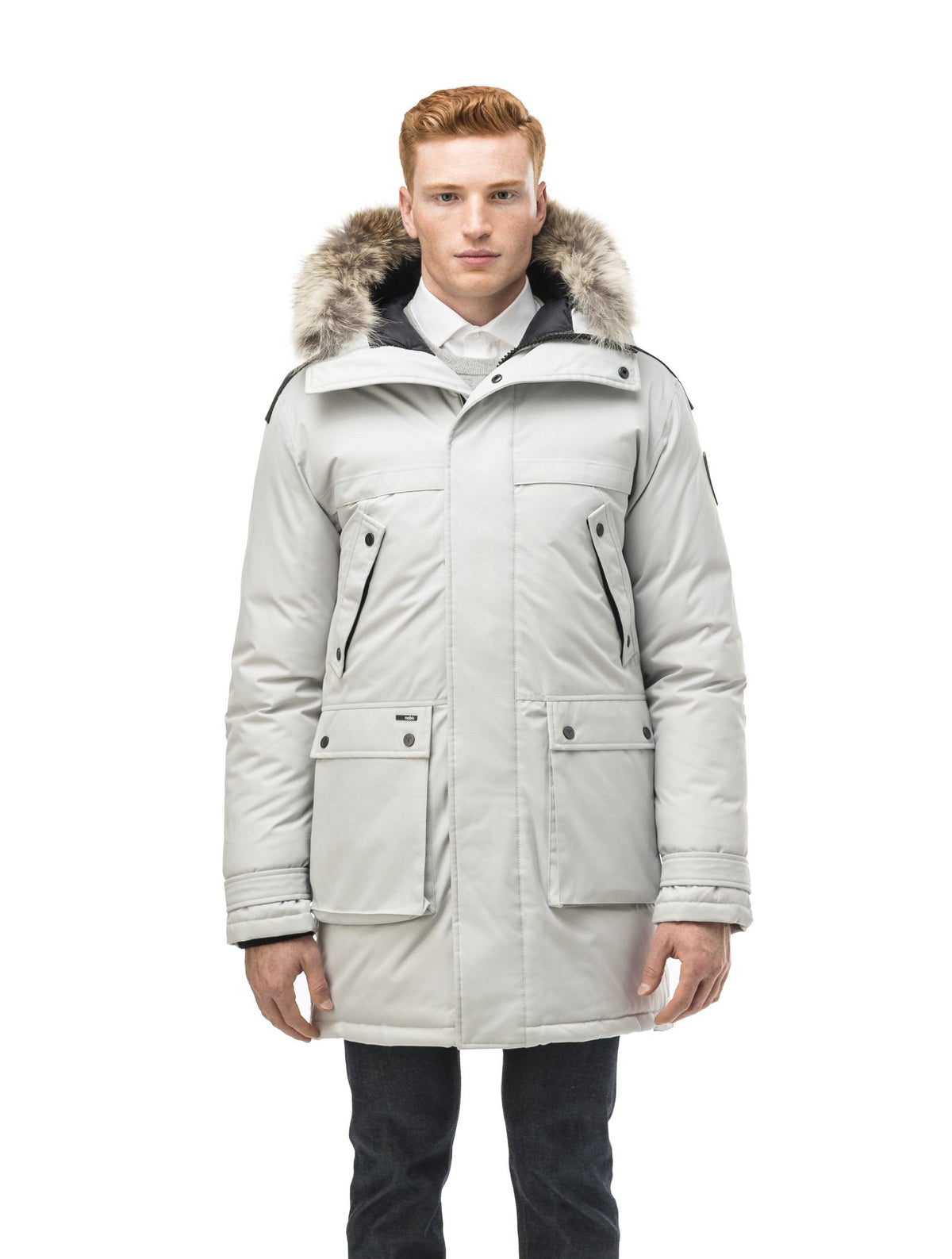 Men's Best Selling Parka the Yatesy is a down filled jacket with a zipper closure and magnetic placket in Light Grey