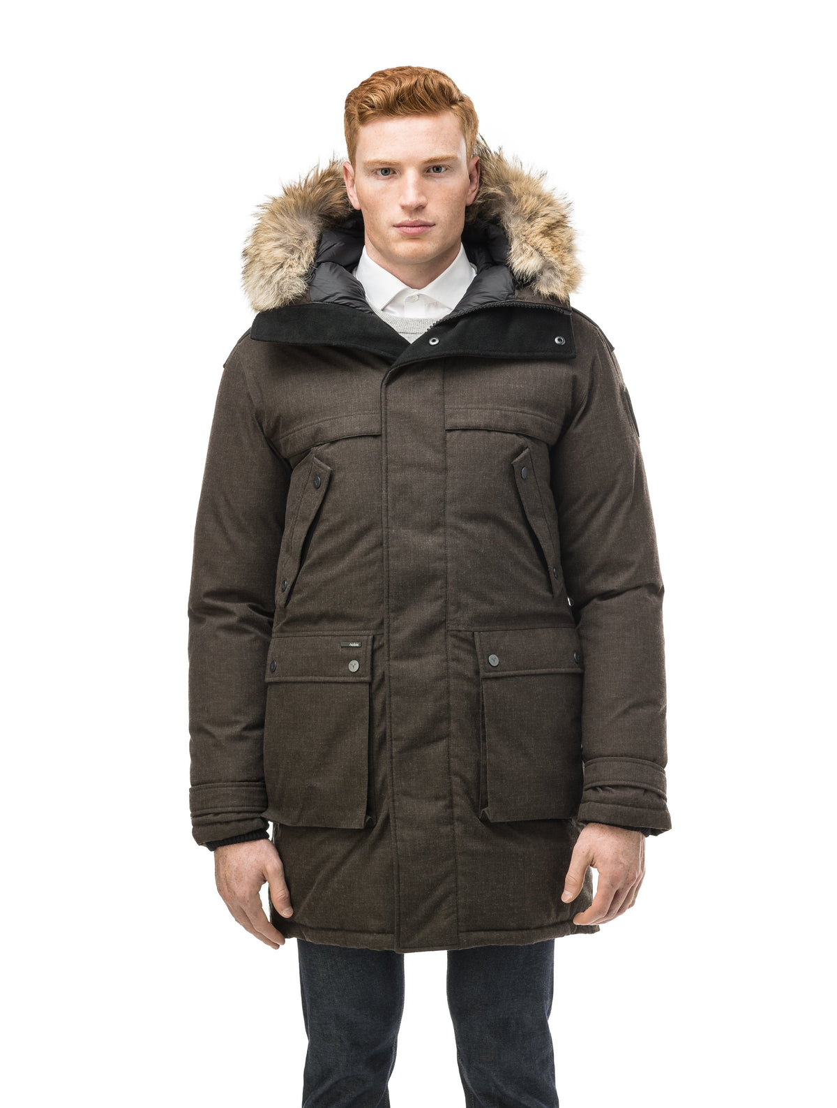 Men's Best Selling Parka the Yatesy is a down filled jacket with a zipper closure and magnetic placket in Heather Brown