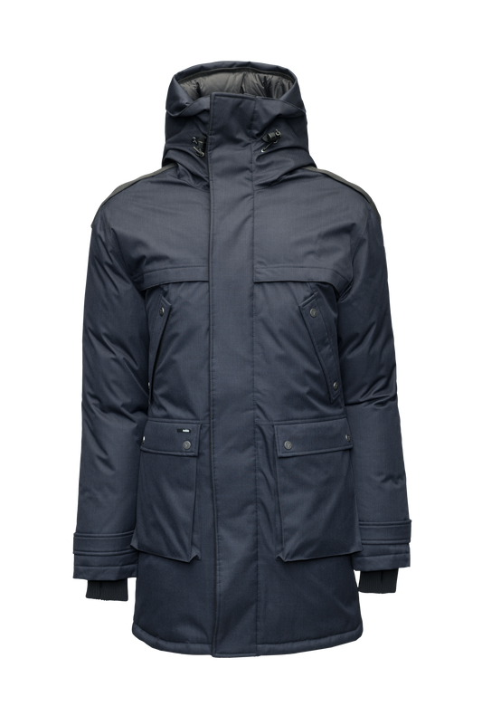 Men's Best Selling Parka the Yatesy is a down filled jacket with a zipper closure and magnetic placket in Navy