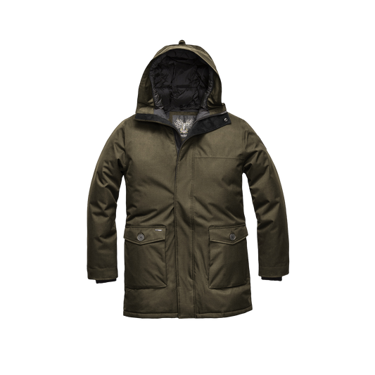 Yves Furless Men's Parka in thigh length, Canadian white duck down insulation, non-removable down-filled hood, flap pockets at waist, centre-front two-way zipper with magnetic wind flap, and elastic ribbed cuffs, in CH Fatigue + Fatigue
