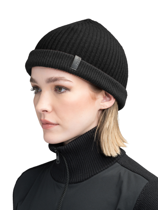 Ardn Unisex Tailored Reversible Knit Beanie in an extra fine merino wool blend, fitted rib knit, and reversible design, in Black