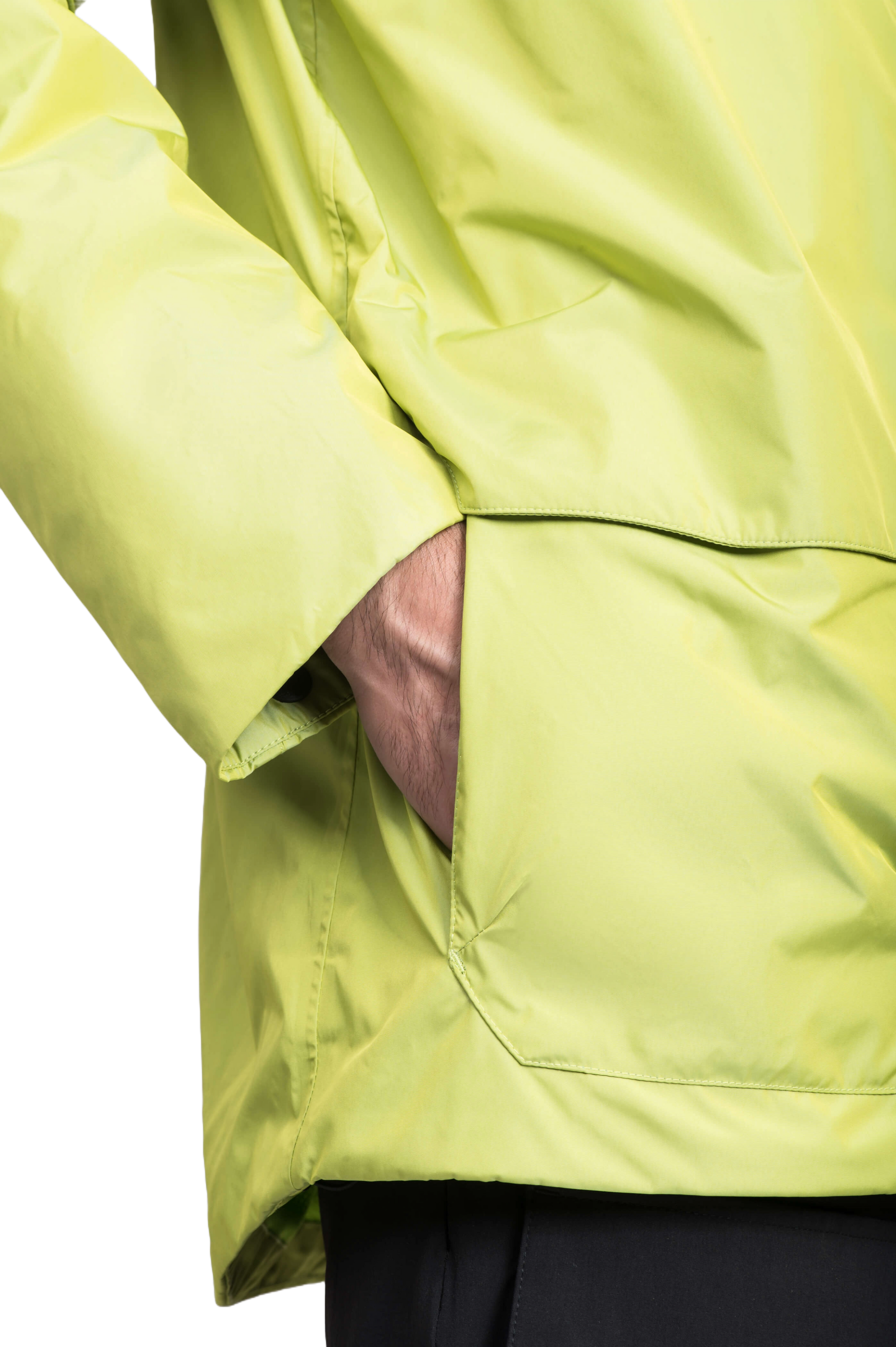 Mission Men's Performance Rain Shell Jacket in hip length, non-removable hood with adjustable toggle, two-way waterproof zipper, flap closure waist pockets with additional side entry storage, zipper ventilation on back, passive underarm ventilation, and breathable mesh lining, in Sulphur Spring