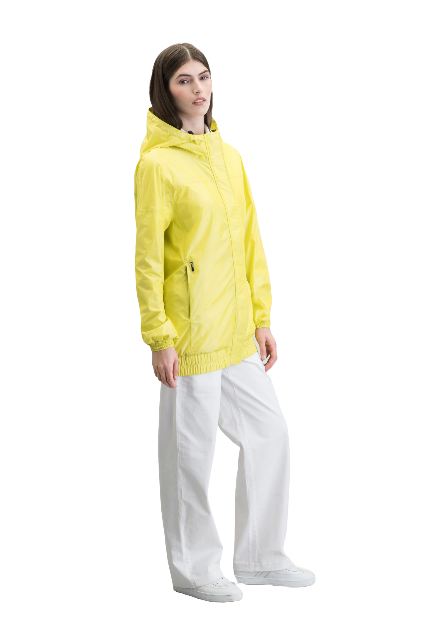 Hartley Women's Tailored Rain Jacket in hip length, two-way centre front zipper with wind flap, toggle adjustable cuffs and waist cord, non-removable hood, side entry waist pockets, in Sulphur Spring