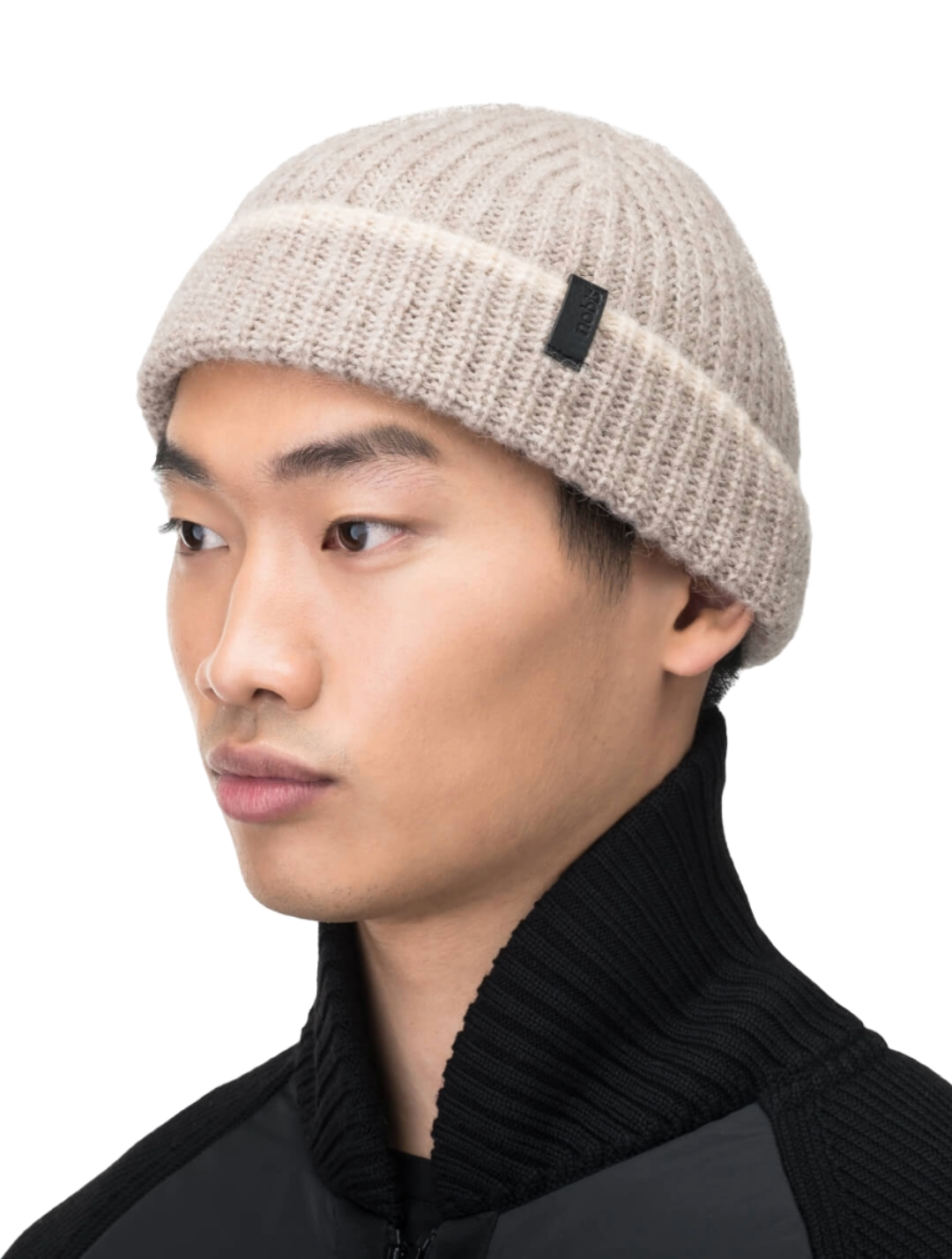 Dres Unisex 6-Dart Toque beanie in superfine alpaca and merino wool, contrast colour knit along cuff, and Nobis embossed leather label at the cuff, in Wheat