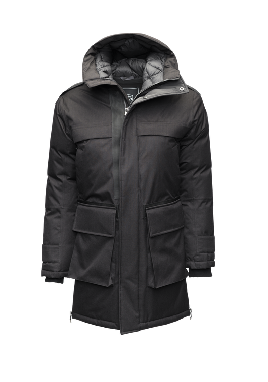 Alum Men's Long Parka in thigh length, Premium Canadian White Duck Down insulation, non-removable hood with removable coyote fur trim, two-way centre front zipper with magnetic closure wind flap, four exterior patch pockets at front, in Black + Black