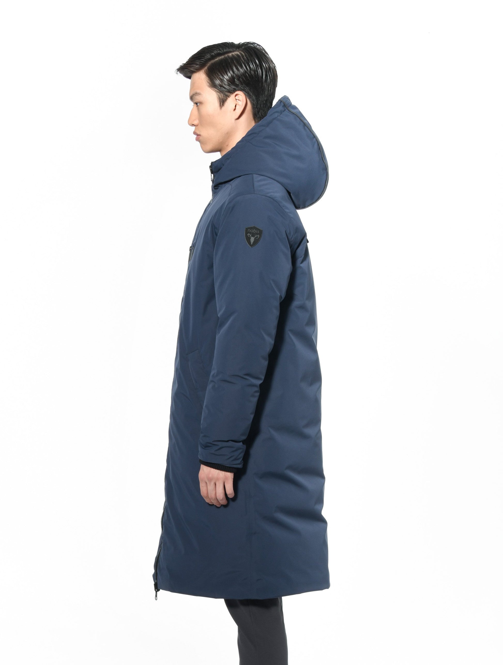 Men's knee length reversible down-filled parka with non-removable hood in Marine