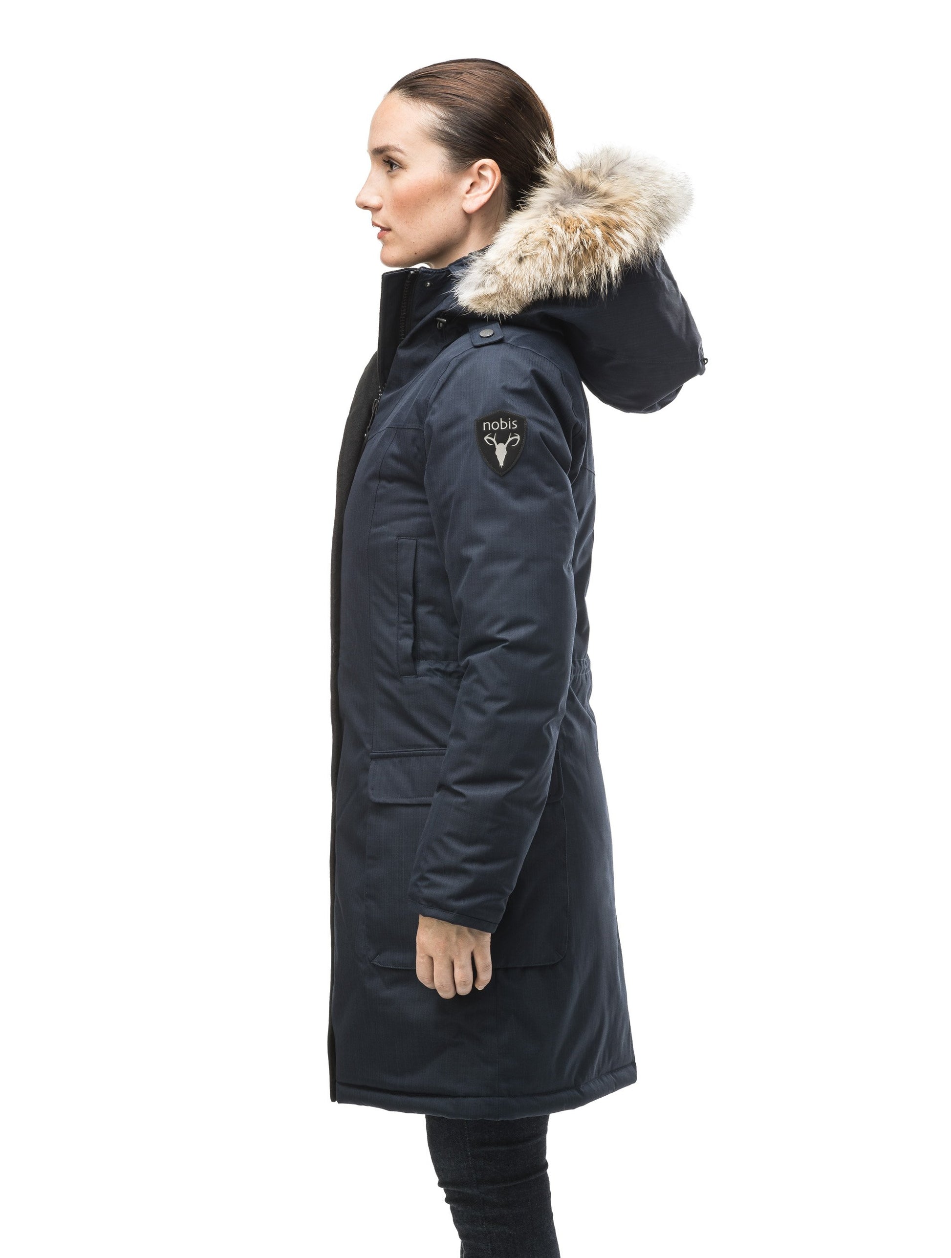 Women's knee length down filled parka with fur trim hood in CH Navy