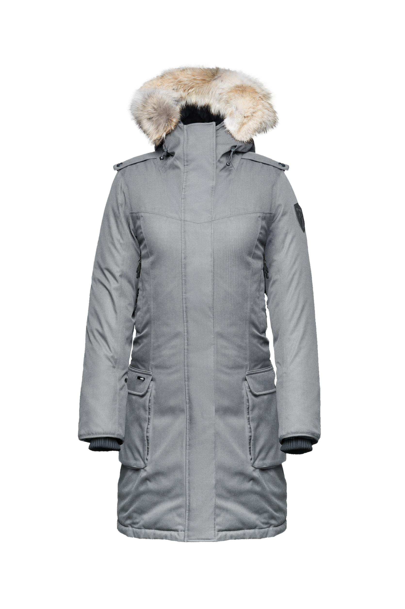 Women's knee length down filled parka with fur trim hood in CH Concrete