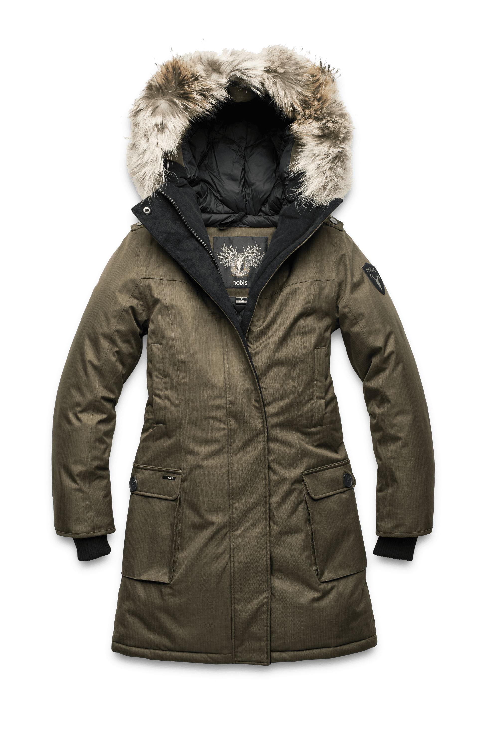 Women's knee length down filled parka with fur trim hood in Fatigue
