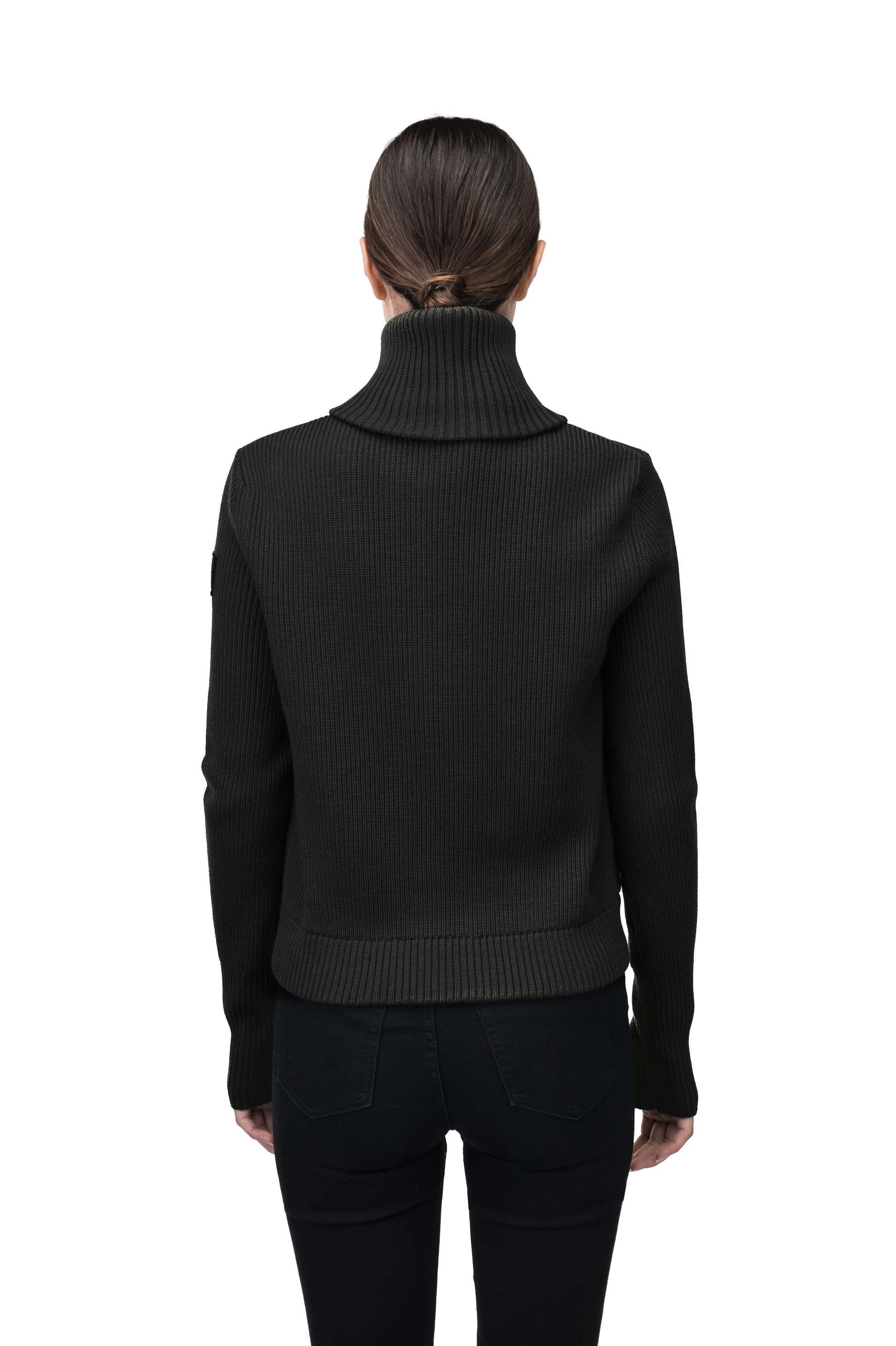 Ada Ladies Quilted Full Zip Sweater in hip length, PrimaLoft Gold Insulation Active+, Durable 4-Way Stretch Weave quilted torso, Merino wool knit collar, sleeves, back, and cuffs, two-way front zipper, and hidden waist pockets, in Black