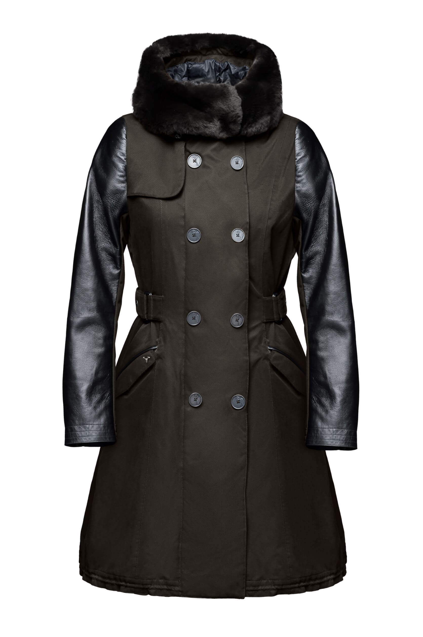 Women's down filled overcoat with double breasted closure and removable down filled lined in Dark Brown
