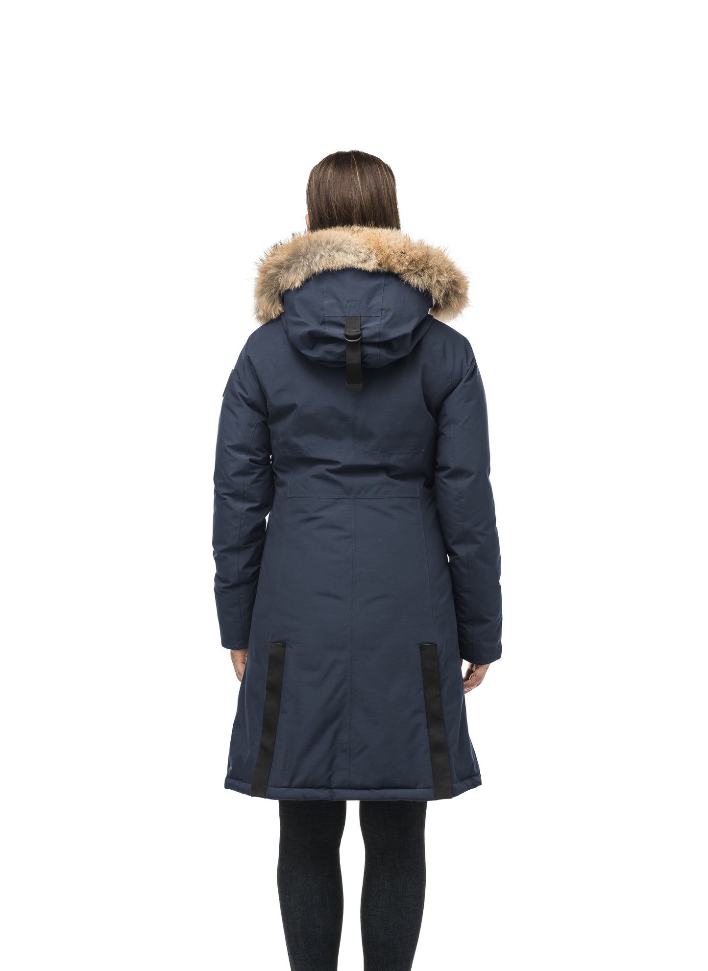 Knee length women's down filled parka with contrast ribbon accents and removable fur trim on the hood in Navy