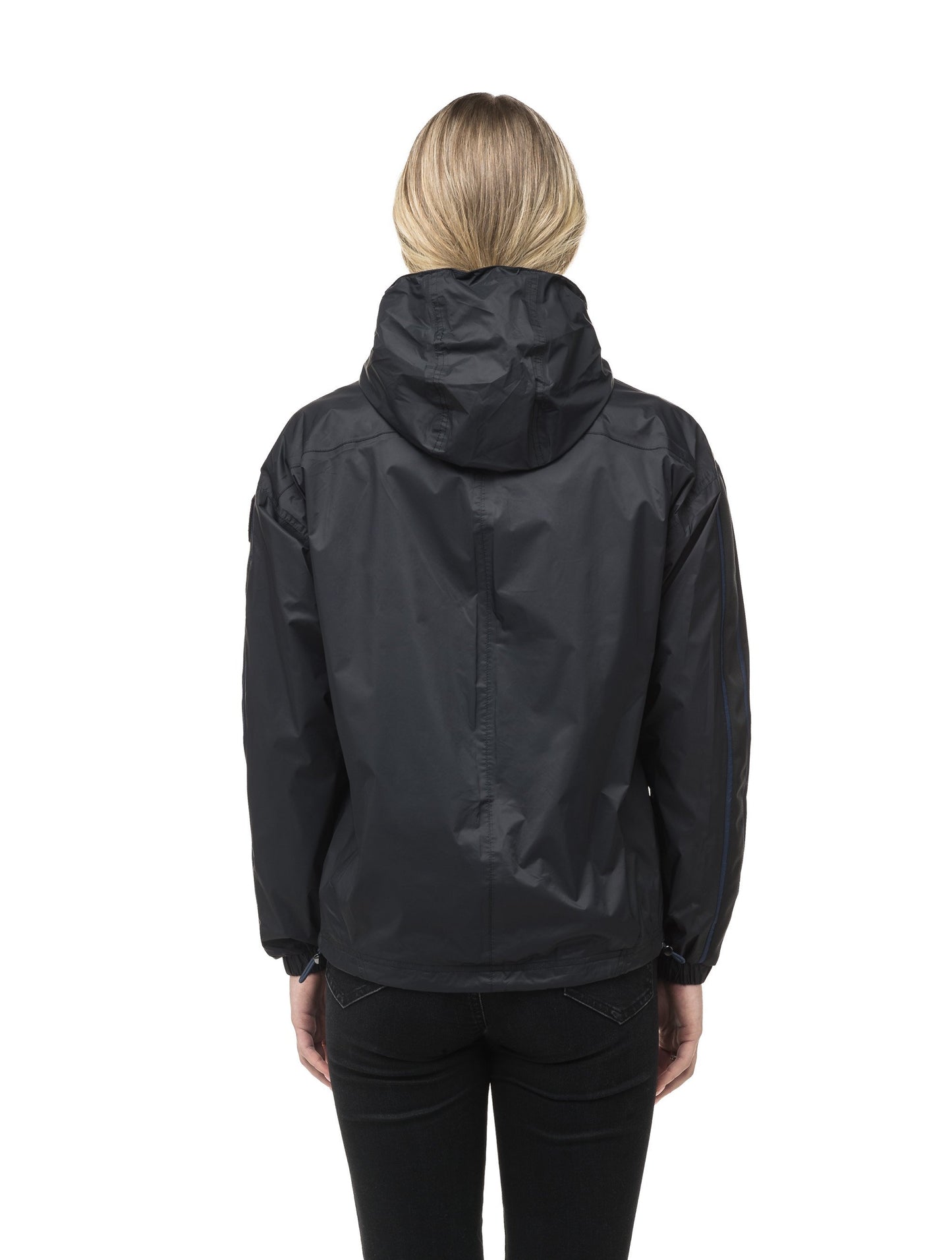 Women's waist length windbreaker with hood in Black