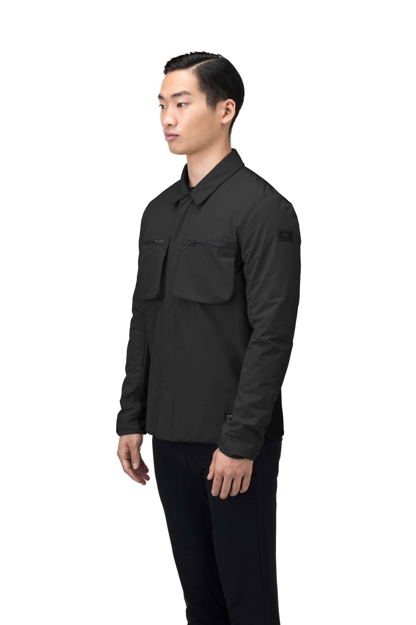 Ander Men's Mid Layer Shirt in hip length, PrimaLoft Gold Insulation Active+, 3-Ply Micro Denier front and 4-Way Durable Stretch Weave back, zipper chest pockets, snap button wind flap, and snap button cuffs, in Black
