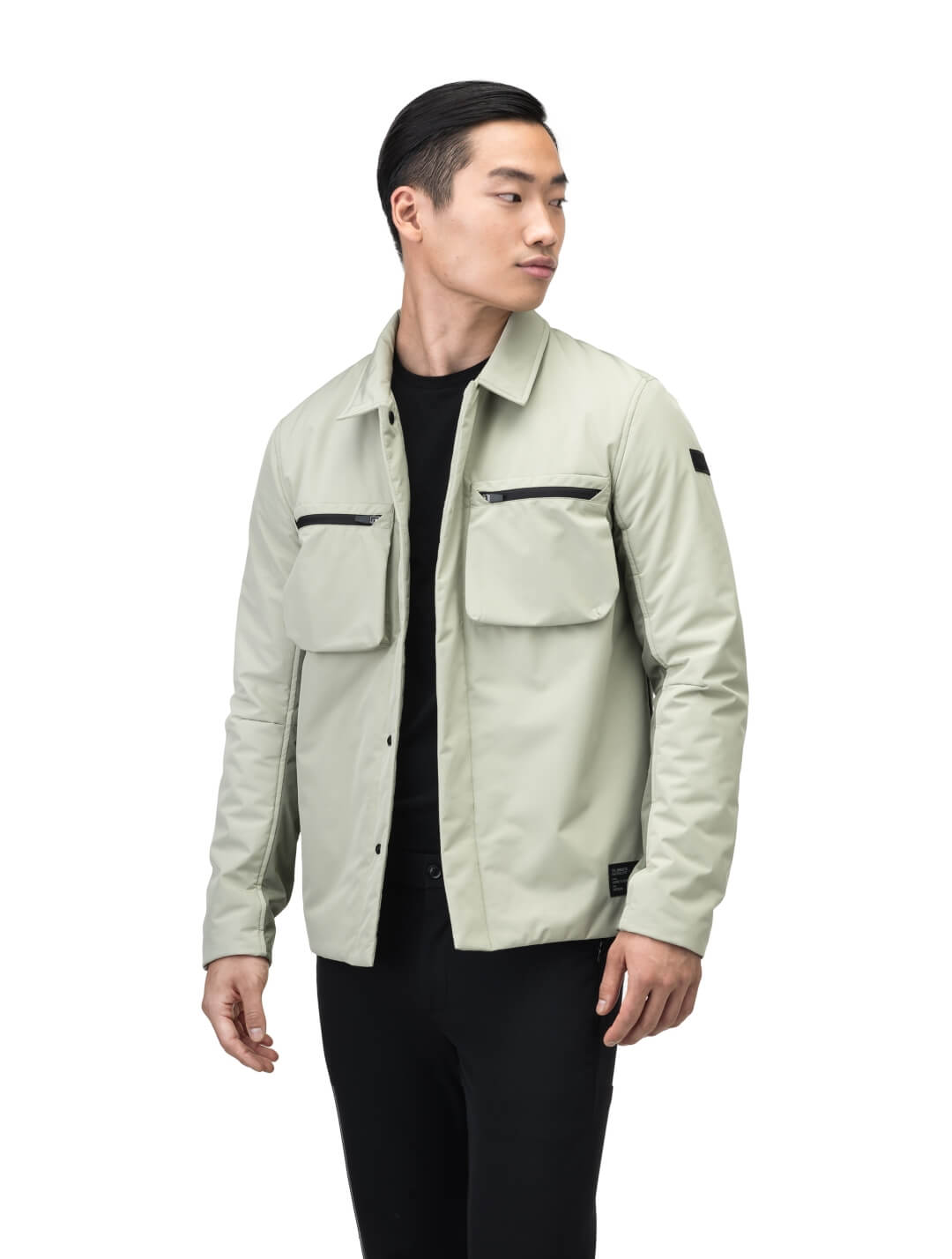 Ander Men's Mid Layer Shirt in hip length, PrimaLoft Gold Insulation Active+, 3-Ply Micro Denier front and 4-Way Durable Stretch Weave back, zipper chest pockets, snap button wind flap, and snap button cuffs, in Tea/Clover